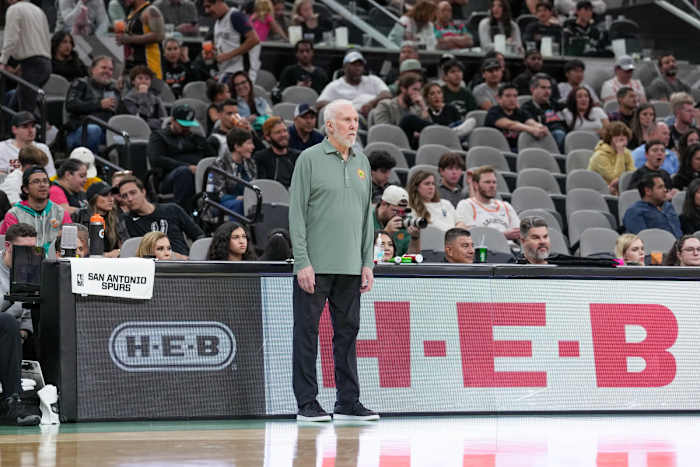 Nov 20, 2023; San Antonio, Texas, USA; San Antonio Spurs head coach Gregg Popovich looks on in the second half against the LA Clippers at the Frost Bank Center.